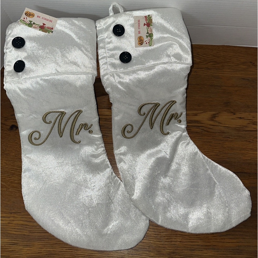 2 Large 18" Mr Embroidered Velvet Christmas Stockings, Lined NWT Cracker Barrel!
